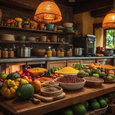 an assortment of fruits and vegetables on a wooden table in a kitchen with hanging lights