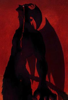 the shadow of a demon is shown against a red background with an animal's tail