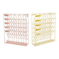 two metal racks with yellow dividers next to each other on a white background,