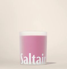 a pink and white container with the word saltair printed on it's side