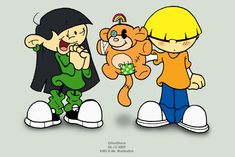 two cartoon characters one holding a teddy bear and the other playing with a stuffed animal