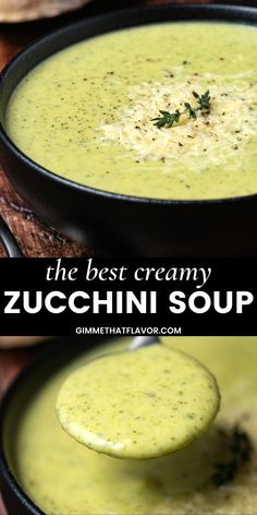 the best creamy zucchini soup is in a black bowl