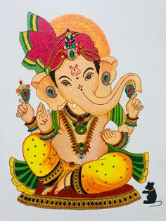 Shri Ganesh Drawing, Ganpati Bappa Embroidery Work, Ganesha Art Painting, Ganpati Painting Ideas, Ganesh Painting On Wall, Ganesh Ji Oil Pastels Drawing, Cute Ganesha Drawing Sketches, Ganesh Ji Drawing Colour, Ganapathi Paintings