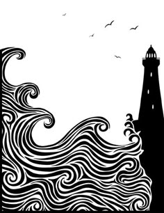 a black and white drawing of a lighthouse in the ocean with waves coming out of it