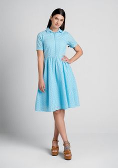 It doesn’t get more classic 1950’s-inspired than this baby blue fit-and-flare dress from Timeless London. Made from a lightweight, organic and sustainable cotton weave, fully-lined with a stunning overlay that boasts a broderie anglaise eyelet design, this gorgeous swing dress boasts button-up closure at the bodice with a hidden placket design, a smart point collar, short sleeves with a fold-over design at the cuff, and an ample flare skirt with handy side pockets! Placket Design, Classic Love, Blue Summer Dresses, Plus Size Outerwear, Love Song