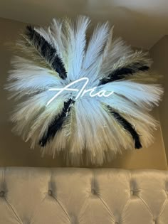 a white and black feather headpiece with the word pheas on it in front of a couch