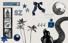 a collage of various items including a disco ball, palm trees and star decorations