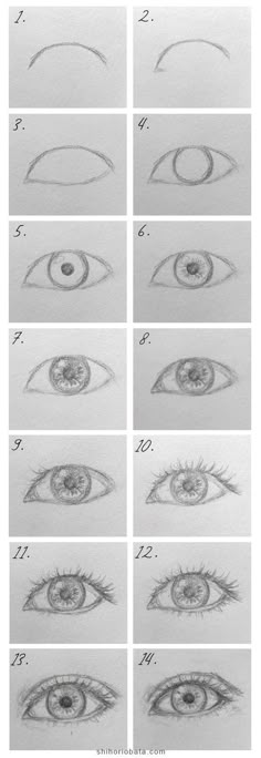 the steps to draw an eye with pencils on paper, and then in photoshopped