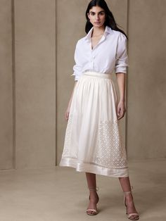 A masterpiece of mixed materials, this billowing skirt mixes luxurious cotton poplin with intricate panels of embroidered lace, inset lace at the hem, and panels of silk satin for a textured effect that's sumptuous and ready for summer.  A-LINE: This Flowing Skirt, Skirt White, Lace Inset, Embroidered Lace, White Skirts, Cotton Poplin, Silk Satin, Mixed Media, A Line