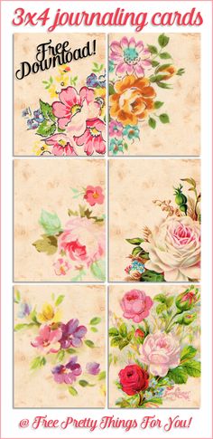 four floral greeting cards with the words 3x4 journaling cards