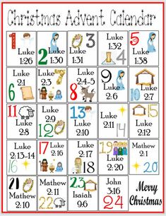 a christmas calendar with numbers and symbols for each holiday season, as well as the date