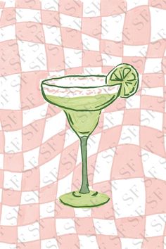 a drawing of a green cocktail with a lime slice on the rim in front of a checkered background