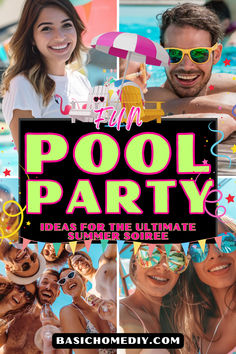 the pool party flyer is shown with photos