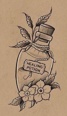 a drawing of a bottle with flowers and leaves on the side, next to a sign that says healing potion