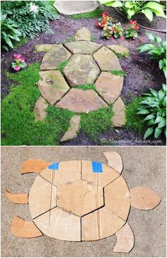 an image of a turtle made out of wooden planks and some flowers in the background