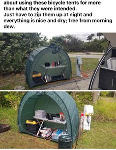 two pictures showing the inside and outside of a tent