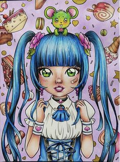 a drawing of a girl with blue hair and green eyes wearing a school uniform in front of food items