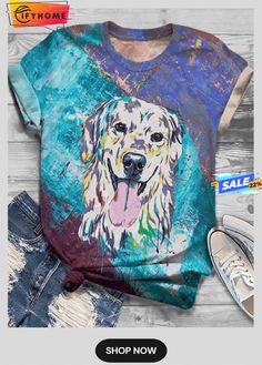 Plus Size Short Sleeve Cotton-blend Crew Neck T-shirt Animal Print Outfits, Dog Pattern, Print Shorts, Plus Size Shorts, Round Neck Tops, Animal Shirts, Crew Neck Shirt, Online Tops, Dog Print