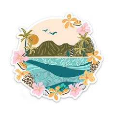 a sticker with an image of a boat in the water surrounded by palm trees and flowers