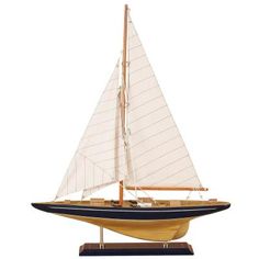 a model sailboat on a wooden stand