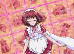 an anime character with red hair and white dress holding onto another character's hand