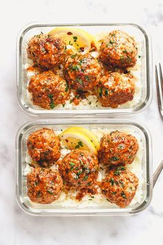 two glass containers filled with meatballs and lemon wedges next to silverware on a marble surface