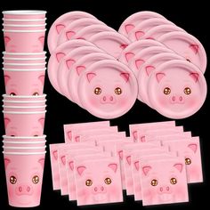 pink pig themed party supplies including plates, cups and napkins with gold nose rings