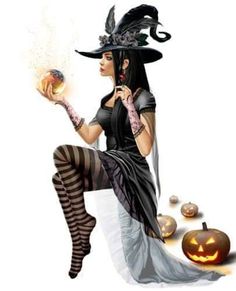 a woman dressed as a witch holding a crystal ball