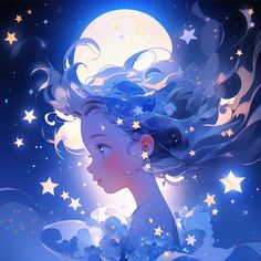 a painting of a girl with stars in her hair