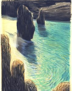 a drawing of some rocks in the water