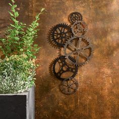 two metal gears are attached to the side of a rusted wall next to a potted plant