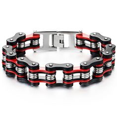 PRICES MAY VARY. Premium stainless steel; durable; tarnish-resistant; great for daily wear Masculine motorcycle chain design; silver, black, red bike link style High polished finish; comfortable to wear; stylish and practical Easy-to-use fold-over clasp; secure and reliable; keeps bracelet in place Perfect gift for birthdays, holidays, anniversaries, or to show appreciation Metal: Stainless Steel; Finishing: Polished; Dimension: Chain length: 22CM(8.66"); Chain Width: 1.8CM(0.71"); Weight: 108.5 Men Masculine, Keep Bracelet, Bike Chain Bracelet, Biker Bracelet, Biker Chain, Red Bike, Package Jewelry, Stainless Bracelet, Motorcycle Chain