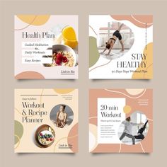 four square brochures with images of women doing yoga and healthy food on them