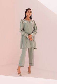 Zelena Dress by Shireen Lakdawala | Pakistani Fashion Designer Cutwork Coord Set, Drzya By Ridhi Suri, Code Set Dress, Cord Sets Outfit Women, Trouser Designs Pakistani, Moon 2024, Kurta Ideas, Long Kurti Patterns, Wasim Akram