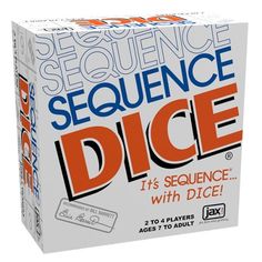 the sequence dice game is on display in a white box with orange and black lettering