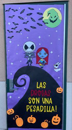 Classroom Door inspired by Nightmare Before Christmas. Oogie boogie is up in the corner with bats flying out of his mouth and each bat contains a child’s name. Sally and Jack stand atop the iconic swirly mountain with zero flying near by. The letters on the mountain read “las drogas son una pesadilla” (drugs are a nightmare) and scattered along the bottom are a few pumpkins. Nightmare Before Christmas Classroom Door, Classroom Door Contest, Nightmare Before Christmas Classroom, Halloween Door Decorations Classroom, Halloween Classroom Door, Halloween Classroom Decorations, Classroom Christmas Decorations, The Nightmare Before Christmas Decorations, Christmas Hand Painted