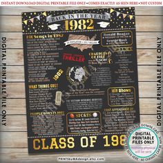 the back in the year 1994 birthday party menu is shown on a wooden table with black and