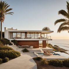 a modern house overlooking the ocean with palm trees and benches on the front lawn area