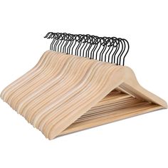 a wooden hanger with five rows of clothes on it and two clips of black hair hanging from the top