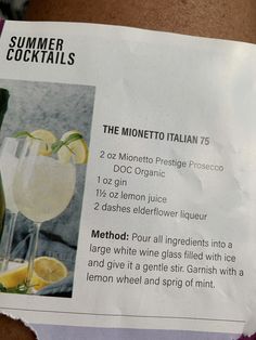 a menu listing the ingredients for a drink