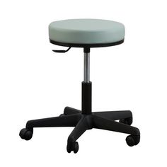 a white stool sitting on top of a black casteor wheel with an adjustable seat