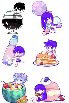 some cartoon characters with food and drinks