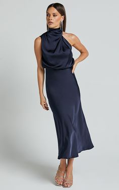 Minnie Midi Dress - Drape Neck Satin Slip Dress in Midnight Blue | Showpo USA Cocktail Dress Wedding Fall Classy Navy Blue, Wedding Formal Attire Guest, Women Cocktail Attire, Dark Blue Dress Outfit, Womens Cocktail Attire, Cocktail Wedding Guest Dress, Navy Blue Satin Dress, Cocktail Party Attire, Satin Dress Outfit