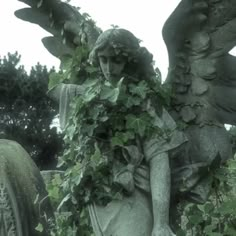 an angel statue surrounded by ivy in a cemetery