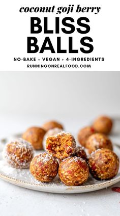 coconut goji berry bliss balls on a plate