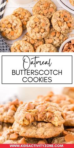 some cookies are stacked on top of each other with the words, natural butterscotch cookies