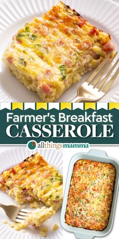 collage image of three images, the top image showing a square serving of Farmer's Breakfast Casserole sitting on a white round plate, the bottom left showing a fork digging into a serving, the bottom right showing a full 9x13 casserole of Farmer's Breakfast Casserole Breakfast Casserole Half Baked Harvest, Breakfast Casserole With Chicken, Farmers Casserole Breakfast, Farmer Sausage Recipes, Farmers Breakfast Casserole, Easy Overnight Breakfast Casserole, Casserole With Ham, Easy Overnight Breakfast, Farmer Sausage