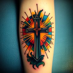 a colorful tattoo with a cross on it