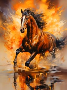 a painting of a horse running in the water with orange and yellow flames behind it