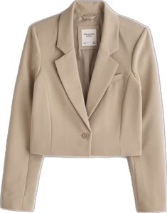 Fitted Beige Cropped Jacket For Formal Occasions, Beige Long Sleeve Cropped Jacket For Office, Beige Fitted Cropped Jacket For Office, Fitted Beige Cropped Jacket With Lapel Collar, Classic Fitted Beige Cropped Jacket, Classic Beige Fitted Cropped Jacket, Fitted Beige Cropped Jacket For Office, Fitted Casual Beige Cropped Jacket, Fitted Chic Khaki Blazer